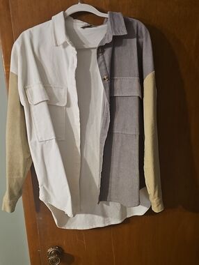 Women's Colorblock Corduroy Shacket - White, Gray & Tan
